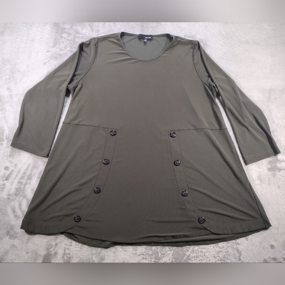 Sun Kim Del Ray Tunic Blouse Top Long Sleeve Pockets Button Stretch Green Size M